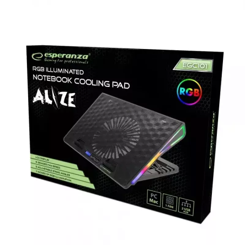 Base refrigeradora para portátil ESPERANZA EGC101 — 1 ventilador 18 cm, 76 cfm, 800 rpm, 5 posiciones de altura, LCD, alimentación USB