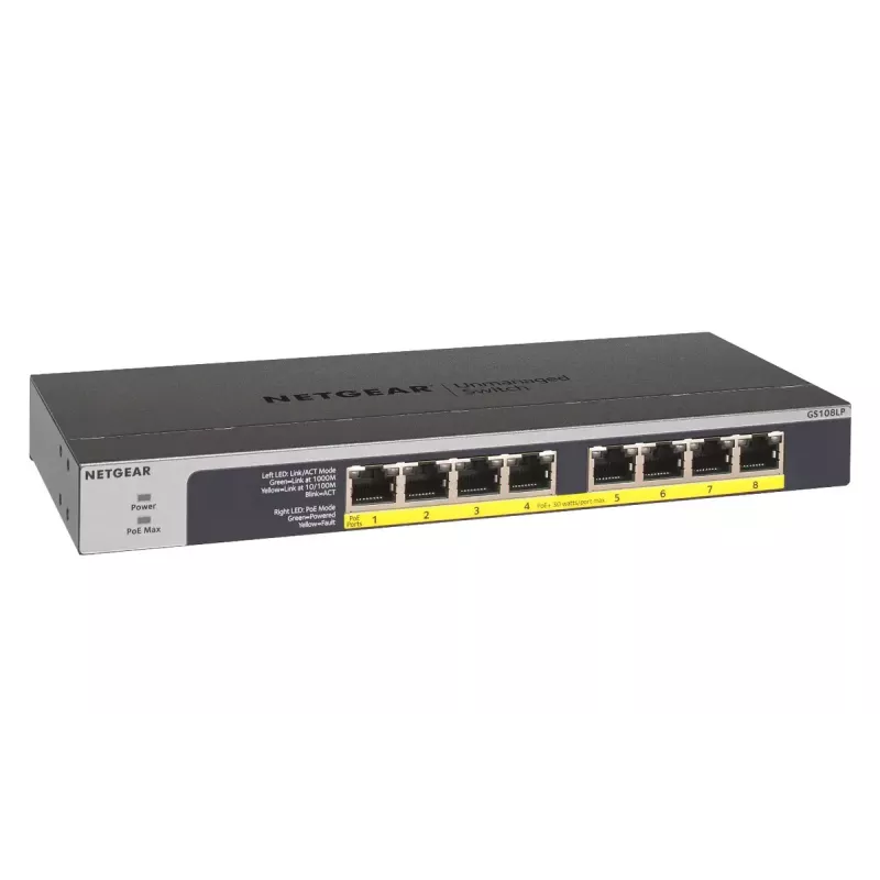 NETGEAR GS108LP Switch Gigabit Ethernet (10/100/1000) no gestionado Power over Ethernet (PoE) 1U Negro, Gris