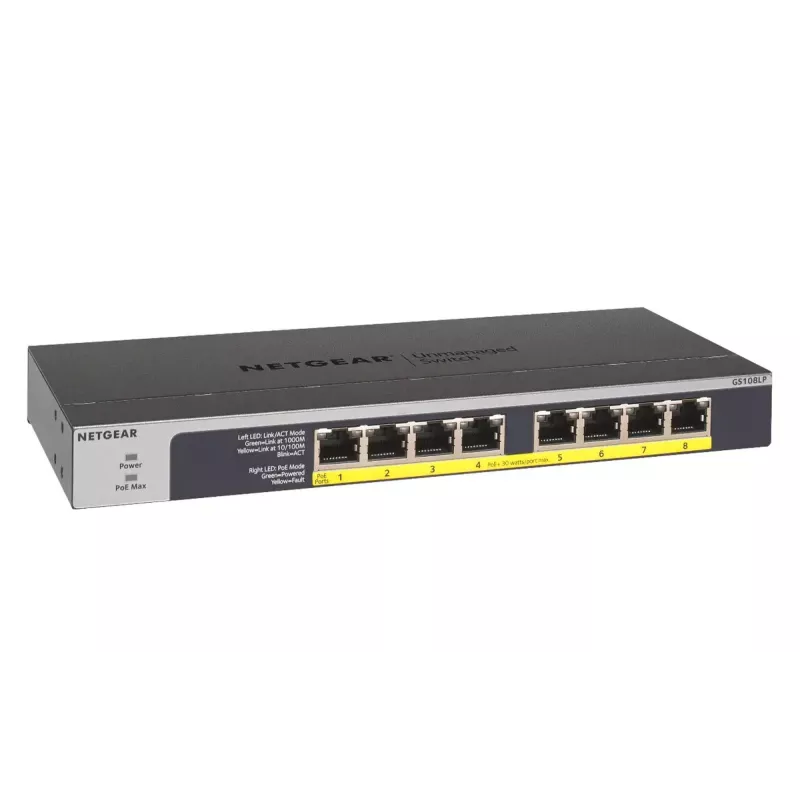 NETGEAR GS108LP Switch Gigabit Ethernet (10/100/1000) no gestionado Power over Ethernet (PoE) 1U Negro, Gris