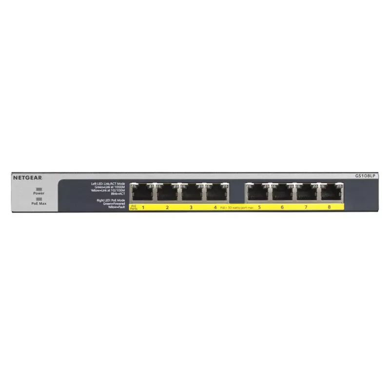 NETGEAR GS108LP Switch Gigabit Ethernet (10/100/1000) no gestionado Power over Ethernet (PoE) 1U Negro, Gris