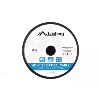 Cable HDMI LANBERG CA-HDMI-20FB-0200-BK 20 m, HDMI 2.0, conector macho Type-A–macho, 18 Gbit/s, 4K@60Hz (3840×2160), HDR, ARC, Ethernet