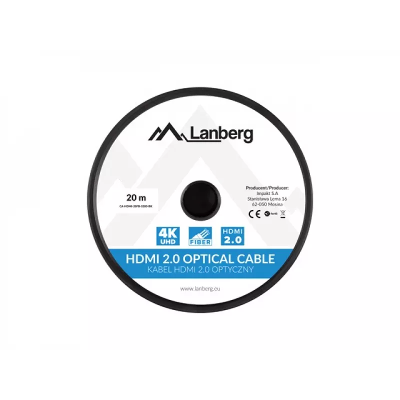 Lanberg CA-HDMI-20FB-0200-BK cable HDMI 2.0 óptico activo (AOC), 20 m, tipo A macho-macho, 4K 60 Hz (3840x2160), 18 Gbit/s, Ethernet, negro