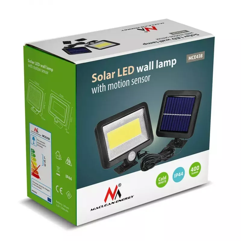 Foco LED solar exterior MACLEAN MCE438, 5 W, 400 lm, IP44, Li-Ion 5,2 V, montaje en pared, luz blanca, negro