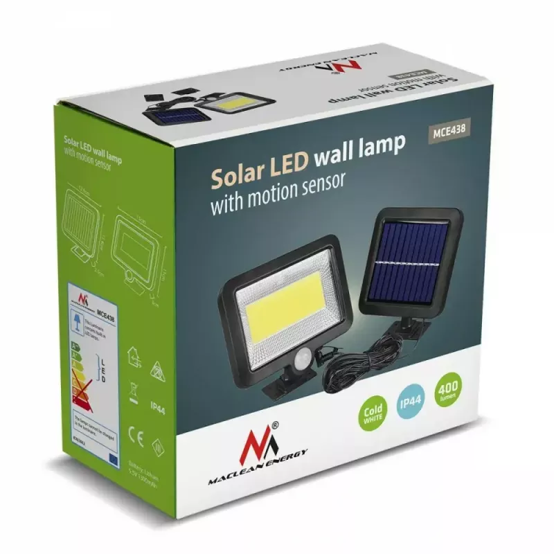 Foco LED solar exterior MACLEAN MCE438, 5 W, 400 lm, IP44, Li-Ion 5,2 V, montaje en pared, luz blanca, negro