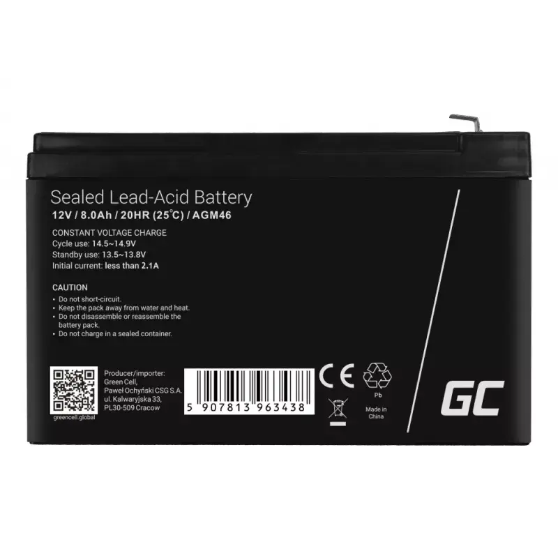 Batería recargable de plomo-ácido de 12 V Green Cell AGM46, 8000 mAh, 2,15 kg, VRLA