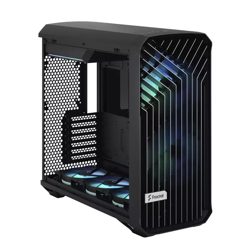 Caja torre para PC Fractal Design Torrent Tower negra – compatible con ATX/EATX/ITX, 2 ventiladores frontales de 180 mm, 2 bahías de 3,5 inch, 4 bahías de 2,5 inch, cristal templado