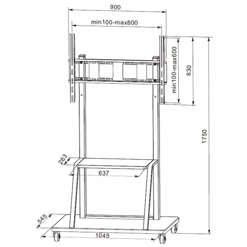 Soporte de suelo para pantalla plana portátil TECHLY Signage Display Mount ICA-TR30 — para pantallas de 55 a 100 inch, VESA 1200x600, carga máx. 150 kg, ruedas, negro