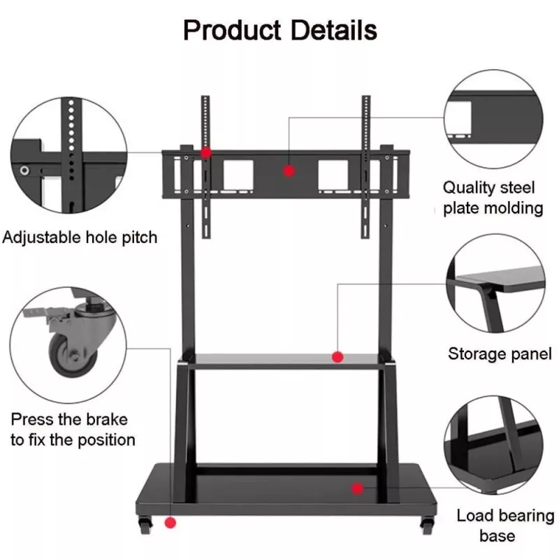 Soporte de suelo para pantalla plana portátil TECHLY Signage Display Mount ICA-TR30 — para pantallas de 55 a 100 inch, VESA 1200x600, carga máx. 150 kg, ruedas, negro