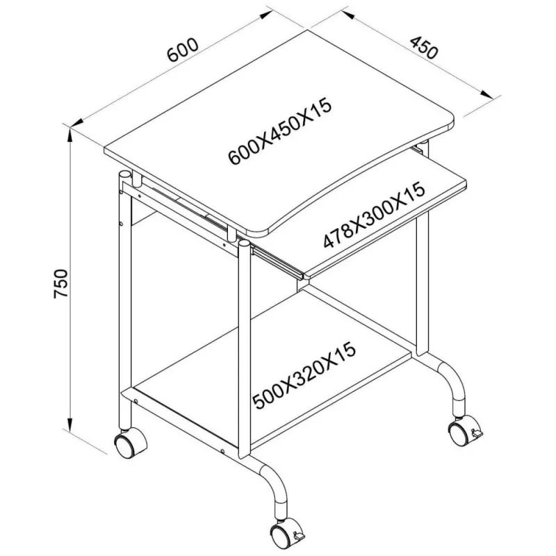Mesa de ordenador TECHLY Compact ICA-TB S005 — mesa de ordenador compacta, tablero de MDF, bandeja extraíble para teclado, ruedas, 600×450×750 mm, haya