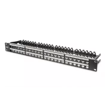 Panel de parcheo modular DIGITUS, apantallado 48 puertos, campo de etiquetado, 1U, montaje en rack, color negro RAL 9005