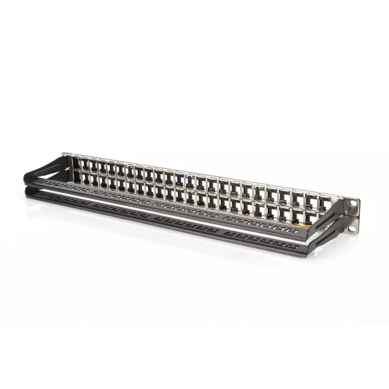 Panel de parcheo modular DIGITUS, apantallado 48 puertos, campo de etiquetado, 1U, montaje en rack, color negro RAL 9005