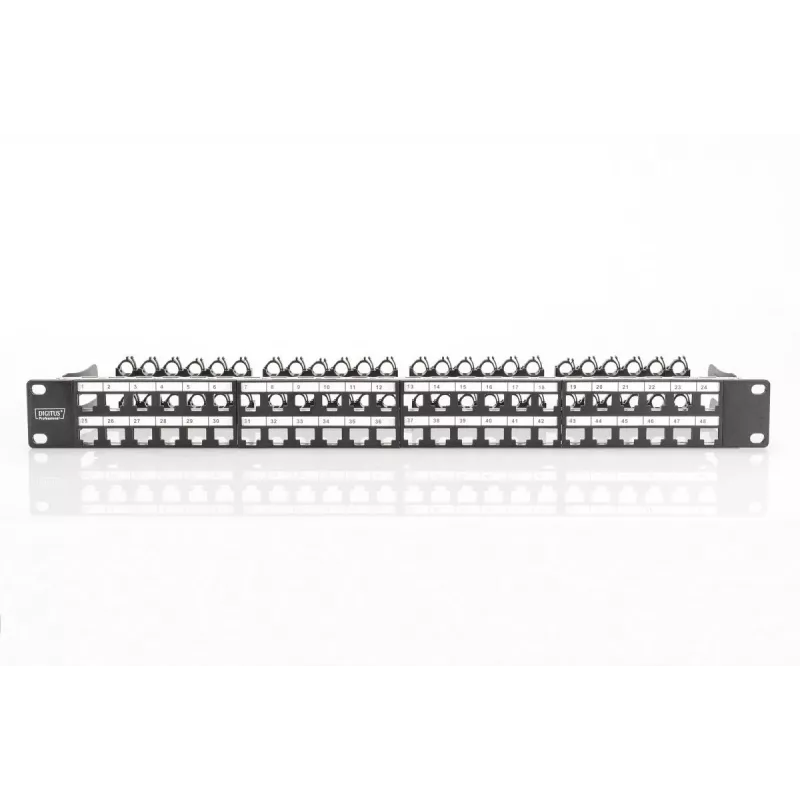 Panel de parcheo modular DIGITUS, apantallado 48 puertos, campo de etiquetado, 1U, montaje en rack, color negro RAL 9005