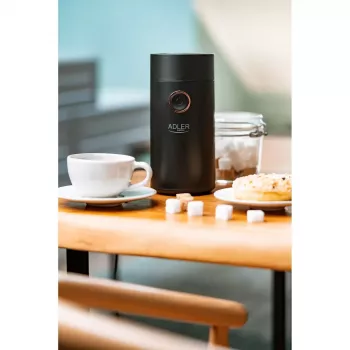 Molino de café con muelas cónicas Adler AD 4446bg — 150 W, depósito de granos 75 g, muelas de acero inoxidable, control por botones, negro
