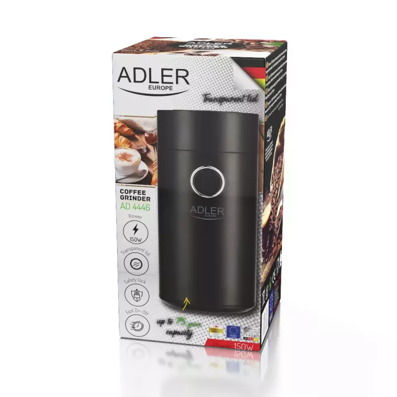 Molino de muelas Adler AD4446BS — 150 W, muelas de acero inoxidable, depósito de granos 75 g, negro