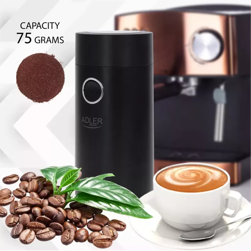 Molino de muelas Adler AD4446BS — 150 W, muelas de acero inoxidable, depósito de granos 75 g, negro