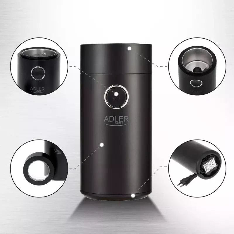 Molino de muelas Adler AD4446BS — 150 W, muelas de acero inoxidable, depósito de granos 75 g, negro