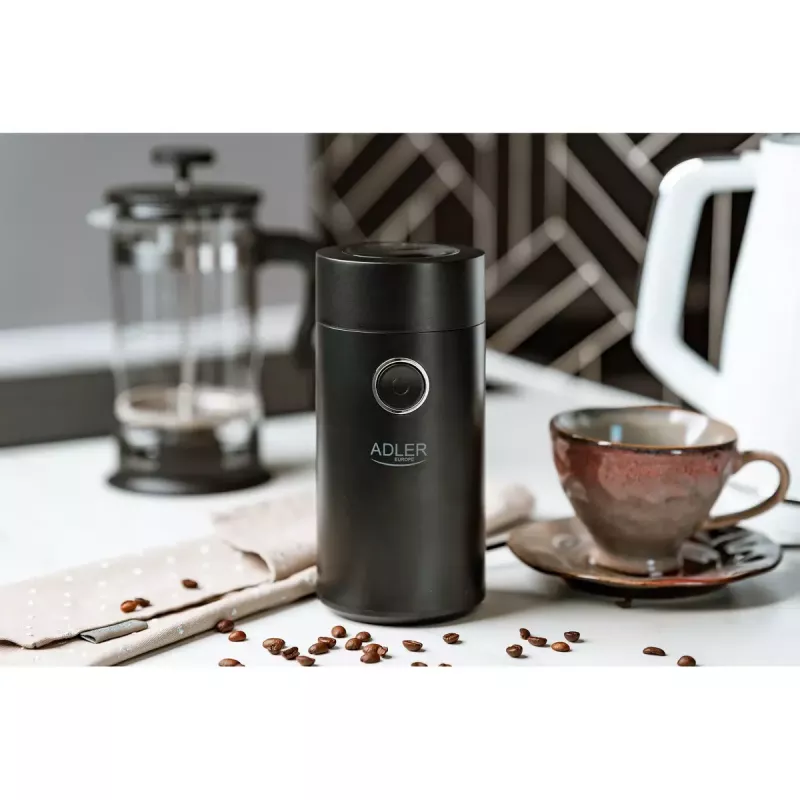Molino de muelas Adler AD4446BS — 150 W, muelas de acero inoxidable, depósito de granos 75 g, negro