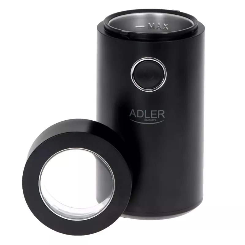 Molino de muelas Adler AD4446BS — 150 W, muelas de acero inoxidable, depósito de granos 75 g, negro