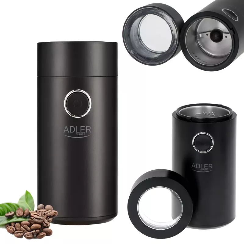 Molino de muelas Adler AD4446BS — 150 W, muelas de acero inoxidable, depósito de granos 75 g, negro