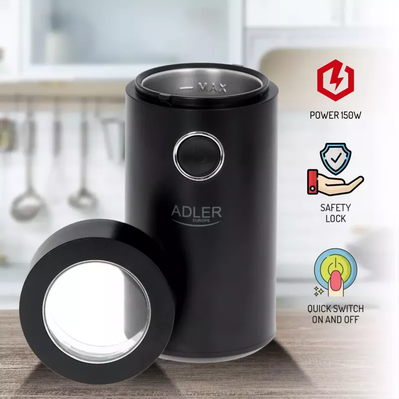 Molino de muelas Adler AD4446BS — 150 W, muelas de acero inoxidable, depósito de granos 75 g, negro