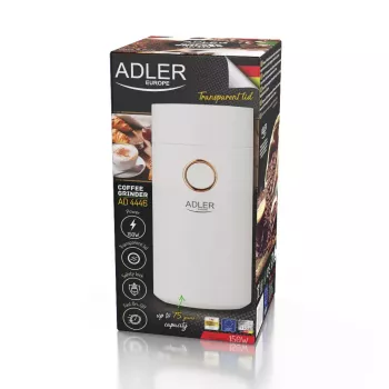 Molino de café con muelas Adler AD4446WG — molinillo de café eléctrico, muelas de acero inoxidable, depósito de granos 75 g, 150 W, blanco