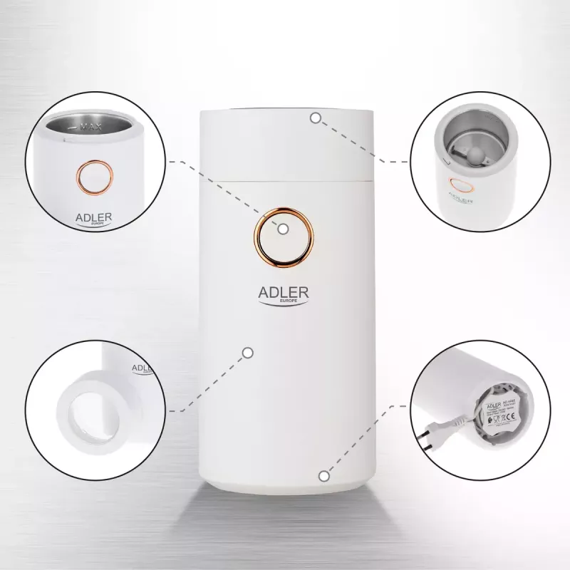 Molino de café con muelas Adler AD4446WG — molinillo de café eléctrico, muelas de acero inoxidable, depósito de granos 75 g, 150 W, blanco