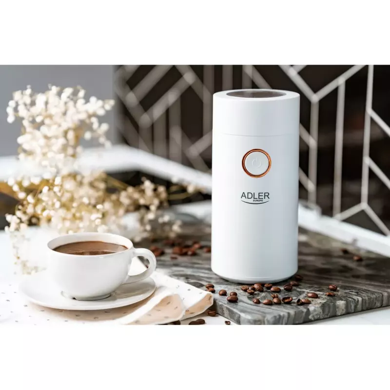 Molino de café con muelas Adler AD4446WG — molinillo de café eléctrico, muelas de acero inoxidable, depósito de granos 75 g, 150 W, blanco
