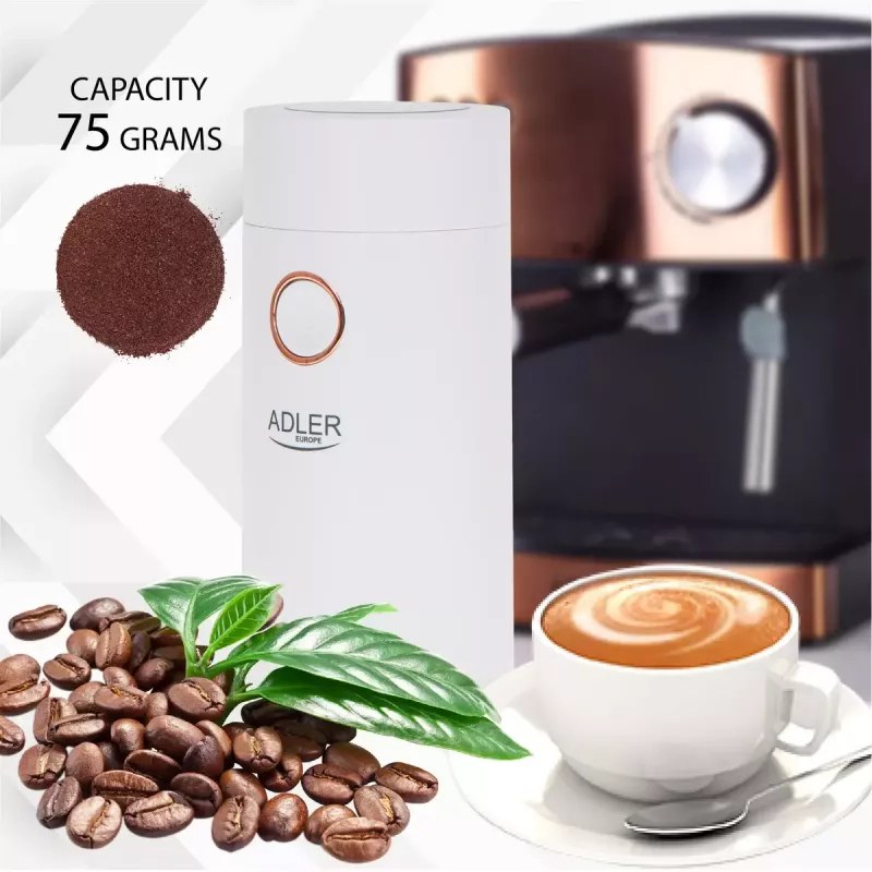 Molino de café con muelas Adler AD4446WG — molinillo de café eléctrico, muelas de acero inoxidable, depósito de granos 75 g, 150 W, blanco