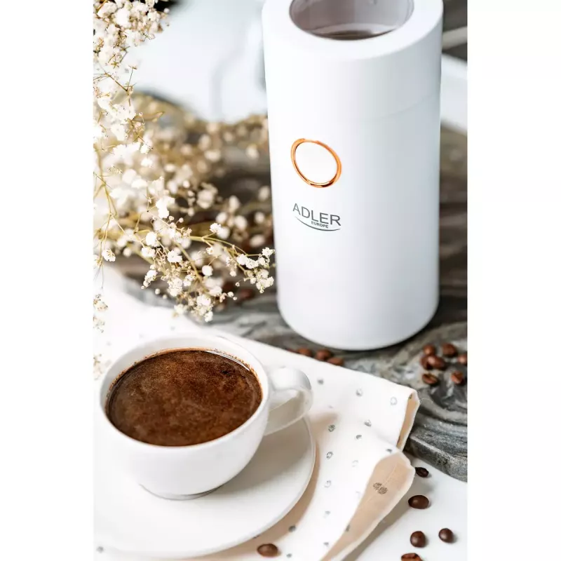 Molino de café con muelas Adler AD4446WG — molinillo de café eléctrico, muelas de acero inoxidable, depósito de granos 75 g, 150 W, blanco