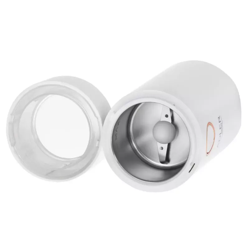 Molino de café con muelas Adler AD4446WG — molinillo de café eléctrico, muelas de acero inoxidable, depósito de granos 75 g, 150 W, blanco