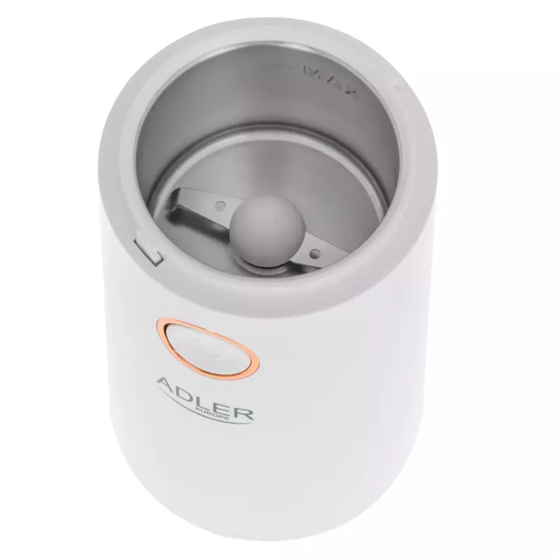 Molino de café con muelas Adler AD4446WG — molinillo de café eléctrico, muelas de acero inoxidable, depósito de granos 75 g, 150 W, blanco
