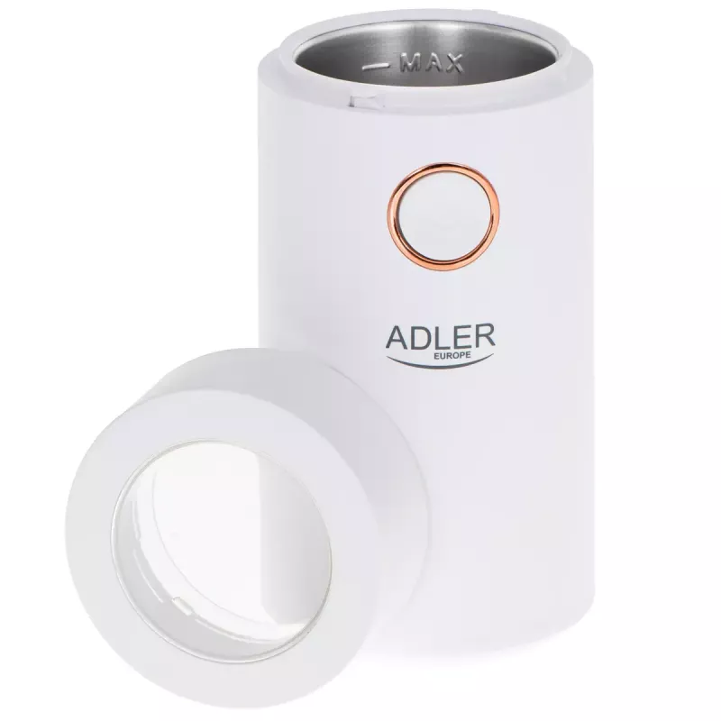 Molino de café con muelas Adler AD4446WG — molinillo de café eléctrico, muelas de acero inoxidable, depósito de granos 75 g, 150 W, blanco