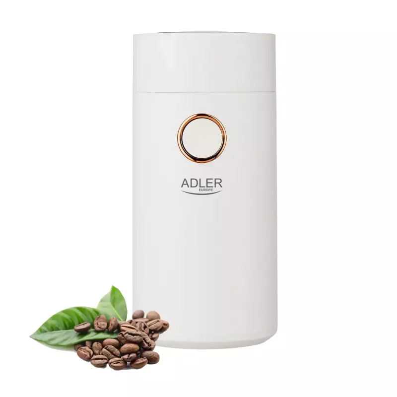 Molino de café con muelas Adler AD4446WG — molinillo de café eléctrico, muelas de acero inoxidable, depósito de granos 75 g, 150 W, blanco