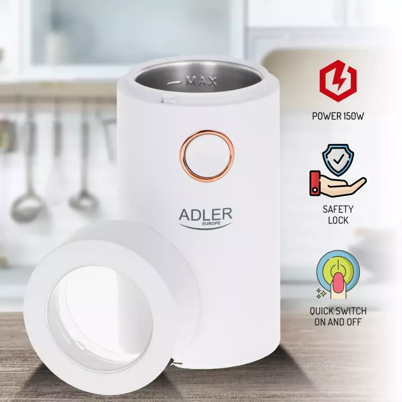 Molino de café con muelas Adler AD4446WG — molinillo de café eléctrico, muelas de acero inoxidable, depósito de granos 75 g, 150 W, blanco