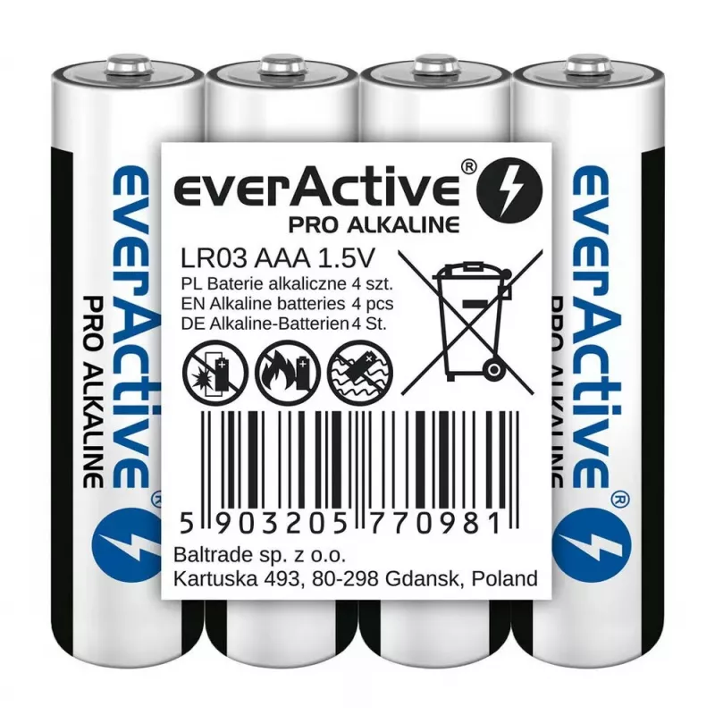 Pilas alcalinas AAA everActive LR03PRO4T — 4 uds., 1,5 V, 1250 mAh, 44,5×10,5 mm