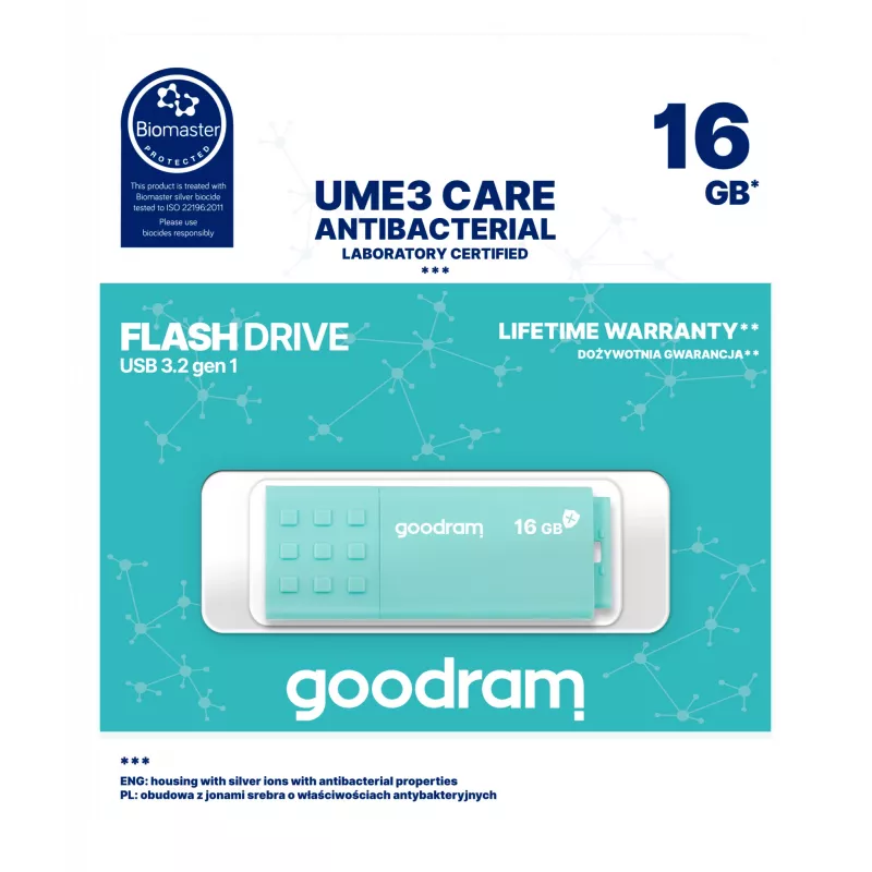 Memoria USB GOODRAM UME3 CARE 16 GB USB Type-A 3.2 Gen 1 (lectura 60 MB/s, escritura 20 MB/s) turquesa