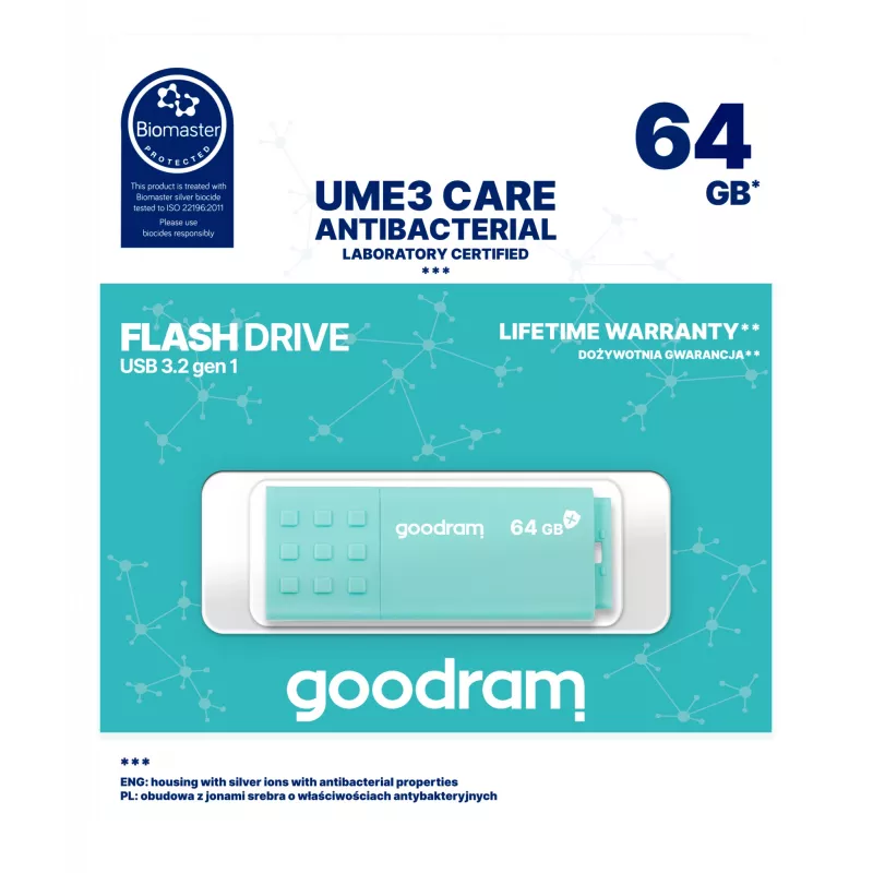 Memoria USB GOODRAM 64 GB USB Type-A 3.2 Gen 1 UME3, turquesa, lectura 60 MB/s, escritura 20 MB/s