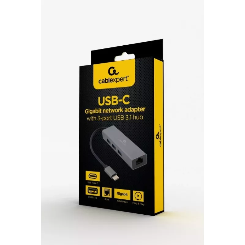 Adaptador de acoplamiento Gembird A-CMU3-LAN-01 — USB-C 3.2 Gen 1, 1× Gigabit-LAN, 3× USB-A, carcasa de metal, gris