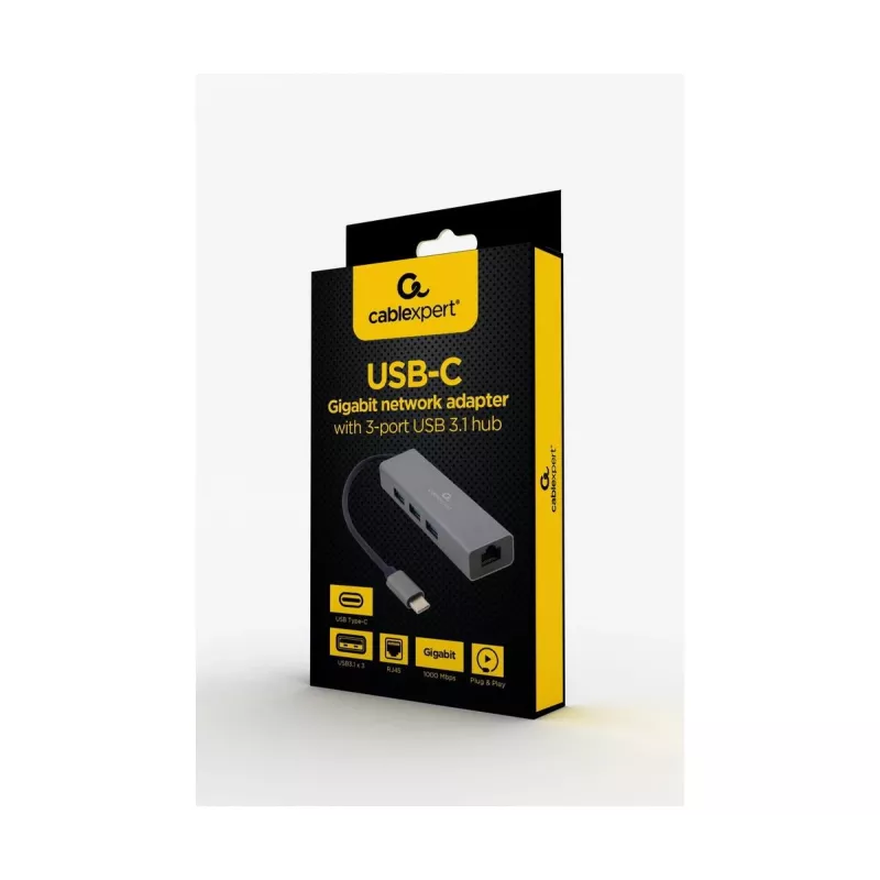 Adaptador de acoplamiento Gembird A-CMU3-LAN-01 — USB-C 3.2 Gen 1, 1× Gigabit-LAN, 3× USB-A, carcasa de metal, gris