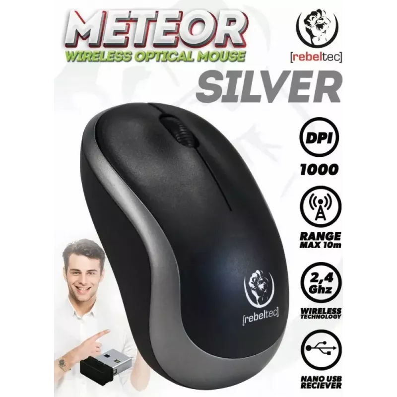 Ratón óptico inalámbrico Rebeltec METEOR plata RBLMYS00050 USB