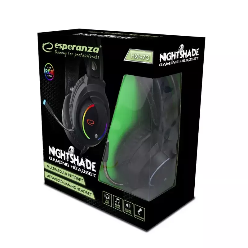 Esperanza EGH470 Nightshade auriculares gaming con cable y micrófono, retroiluminación RGB, control de volumen, 32 Ω, negros