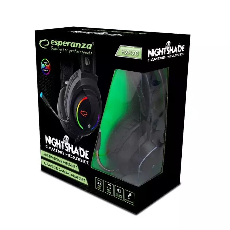 Esperanza EGH470 Nightshade auriculares gaming con cable y micrófono, retroiluminación RGB, control de volumen, 32 Ω, negros