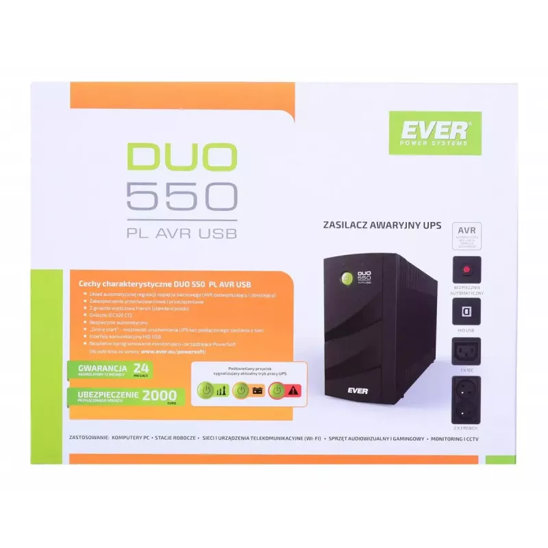 Sistema de alimentación ininterrumpida EVER DUO 550 PL AVR USB 550 VA, 0,55 kVA / 330 W, line-interactive, 3 salidas C13, batería 12V 5Ah