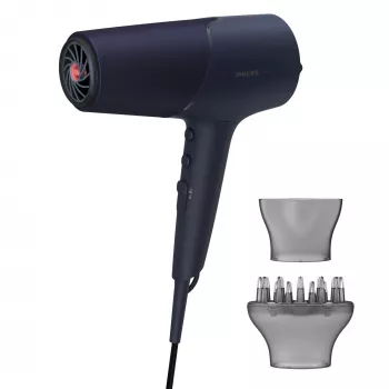 Secador de pelo Philips 5000 Series BHD510/00, 2300 W, 6 niveles de calor/6 de velocidad, iónico, Cool Shot, boquilla de estilismo y difusor, azul marino, cable de 1,8 m