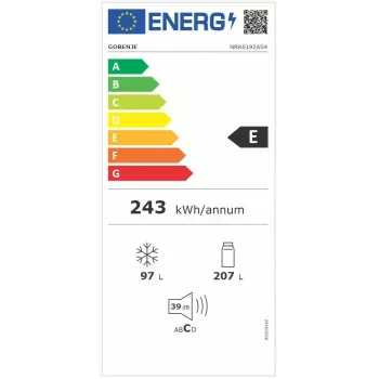 Frigorífico combi independiente Gorenje NRK6192AS4, 304 L (frigorífico 207 L / congelador 97 L), No Frost, gris