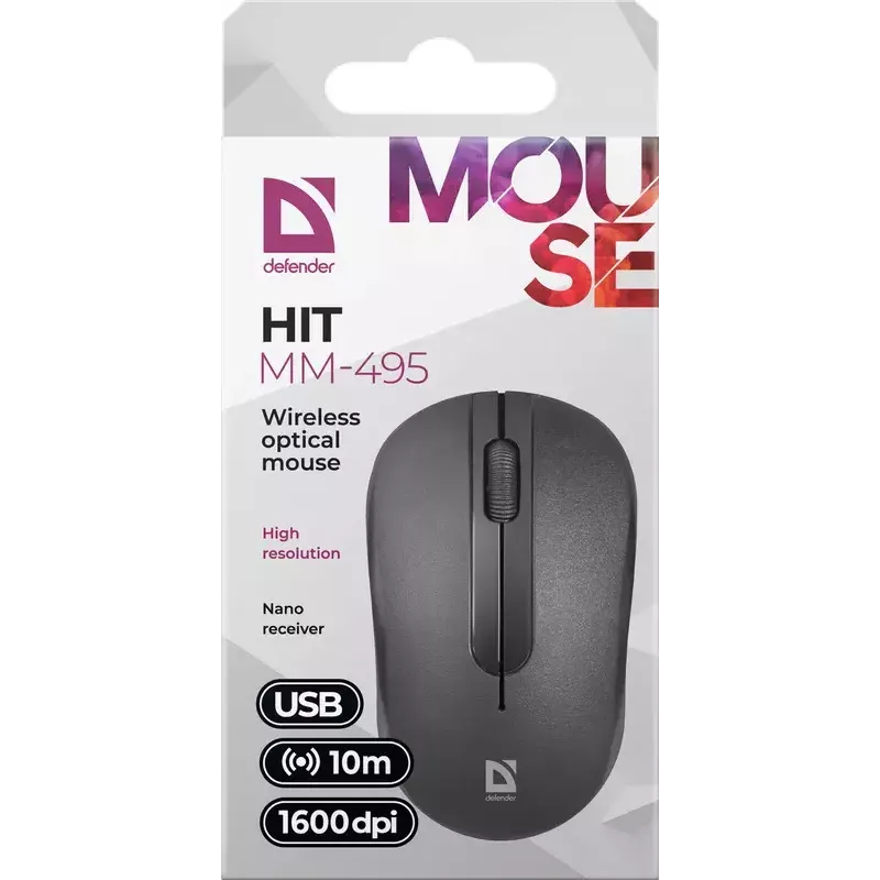 Ratón óptico inalámbrico DEFENDER HIT MM-495 RF, ambidiestro, 1600 DPI, receptor USB RF, negro