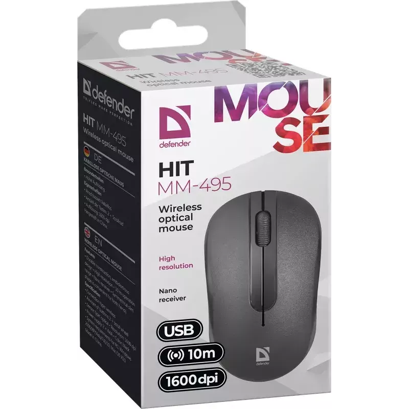 Ratón óptico inalámbrico DEFENDER HIT MM-495 RF, ambidiestro, 1600 DPI, receptor USB RF, negro