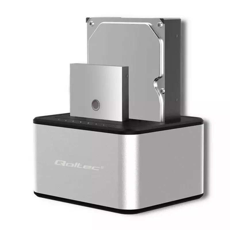 Docking station QOLTEC 5316 para 2x HDD/SSD de 2,5/3,5 pulgadas, SATA, USB 3.0 (5 Gb/s), carcasa de aluminio