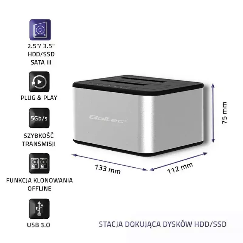 Docking station QOLTEC 5316 para 2x HDD/SSD de 2,5/3,5 pulgadas, SATA, USB 3.0 (5 Gb/s), carcasa de aluminio