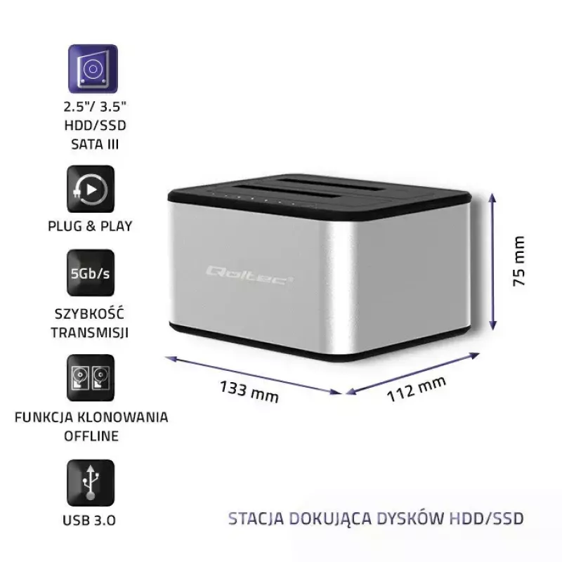 Docking station QOLTEC 5316 para 2x HDD/SSD de 2,5/3,5 pulgadas, SATA, USB 3.0 (5 Gb/s), carcasa de aluminio